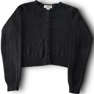 Black Beaded Knit Cardigan Floral Embellished Long Sleeve Button Up Star Sweater